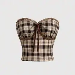 SHEIN MOD Women's Plaid Lace Tube Boho Top - Medium