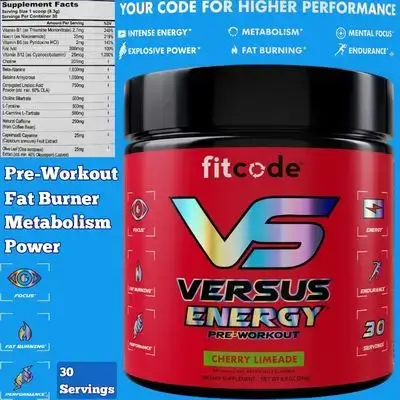 FITCODE Versus Energy Preworkout, 30 Servings Pre-workout powder, Cherry Limade Flavor, Fat Burner, Metabolism Booster, Explosive Power, Made in USA, Preworkout