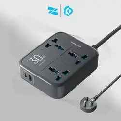 Powerology 30W Wall Socket UK Plug 3 AC*1 USB-A*1 USB-C with 2M USB-C Cable – Black