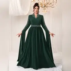 Toleen Plus Size Rhinestone V Neck Modest Women Long Dress - 3XL