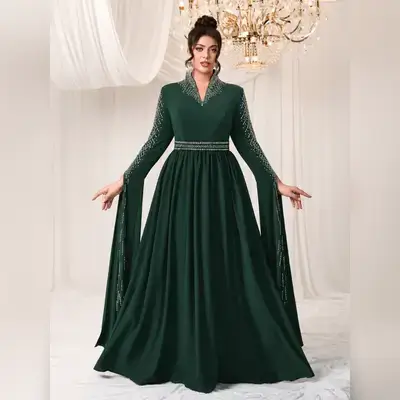 Toleen Plus Size Rhinestone V Neck Modest Women Long Dress - 3XL