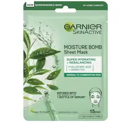 Garnier Moisture Bomb Green Tea and Hyaluronic Acid Sheet Mask, Hydrating & Rebalancing Face Mask, For Sensitive Skin, Cruelty Free & Vegan Tissue Mask, 28g
