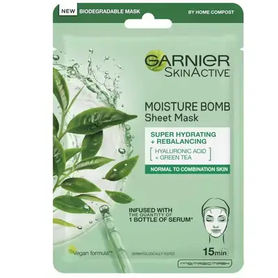 Garnier Moisture Bomb Green Tea and Hyaluronic Acid Sheet Mask, Hydrating & Rebalancing Face Mask, For Sensitive Skin, Cruelty Free & Vegan Tissue Mask, 28g