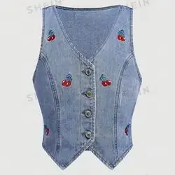 SHEIN MOD Women's Casual Cherry Embroidery Sleeveless Denim Jacket Medium Size