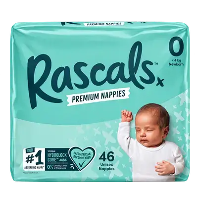 Rascals Premium Baby Tape Diapers Size 0 Newborn 46 Count