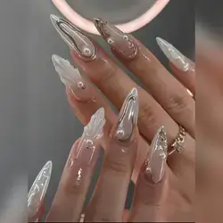 24Pcs High-Quality 3D Asymmetrical Abalone Shell Floral Rhinestone Medium Almond-Shaped Press-On Fake Nails