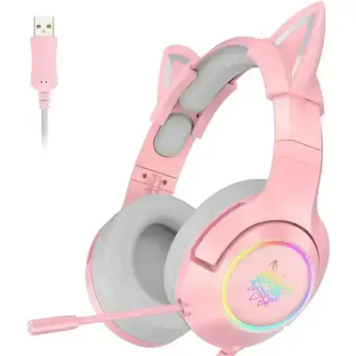 سماعة رأس ONIKUMA K9 سلكية للألعاب RGB Cat‑Ear (وردي)