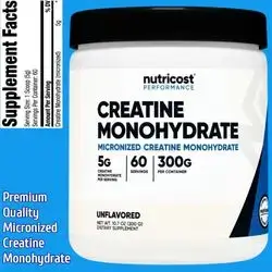 Nutricost, Creatine Monohydrate, Unflavored, 60 Servings, Highest Quality and Potency, Ultra Pure, Creatine Monohydrate Powder, Creatine, 300g Creatine Monohydrate