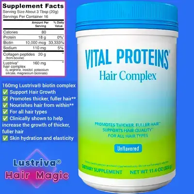 Vital Proteins Collagen Peptides + Biotin 10000mcg and LUSTRIVA Hair Complex, Hair Growth Supplement, Clinically Studied Lustriva to Promote Thicker Fuller Hair, collagen peptides, 323g Unflavored Collagen