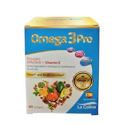 Omega 3 Pro dietary supplement by La Colina, a Spanish brand. The packaging contains 60 softgels