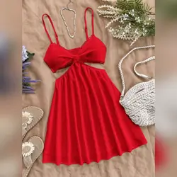 Soleia WYWH Women's Hollow Out V-Neck Red Dress - Small