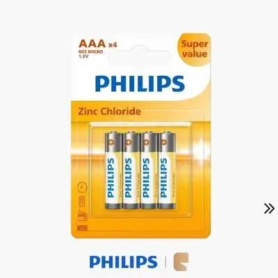 Philips Long Life Zinc-Chloride AAA Cylindrical Batteries 1.5V Daily Electronics Battery Pack - 4 Pack