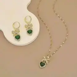 Green heart-shaped earrings and necklace set