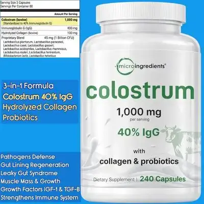 Bovine Colostrum, 1000 mg - 40% IgG, Hydrolyzed Collagen, Probiotics, Colostrum, 10 Probiotic Strains, 240 Caps Colostrum