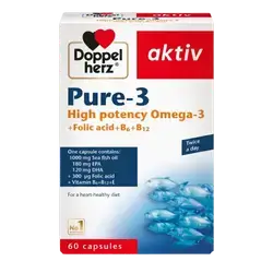 Pure-3 High Potency Omega 3+ Folic Acid+ B6+ B12 60 Capsules _ Doppel herz