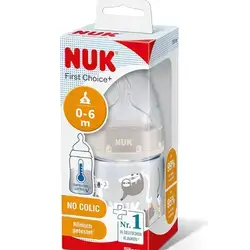 NUK First Choice+ Baby Bottle, 0-6 Months, Temperature Control Indicator, 150 ml, Anti-Colic Valve, BPA-Free, Silicone Teat, Safari (Neutral)