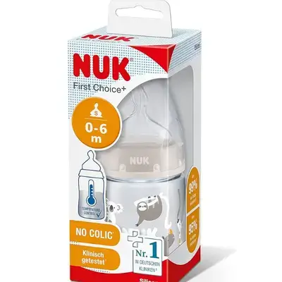 NUK First Choice+ Baby Bottle, 0-6 Months, Temperature Control Indicator, 150 ml, Anti-Colic Valve, BPA-Free, Silicone Teat, Safari (Neutral)