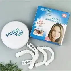 snapon smile big smile confidence instanfly one size fits all step 1 / place perfect smile in boiling water for 2 minutes . step 2/ press firmly against your teeth forv aperfect custom fit . step3/ now show off your million dollar smile .