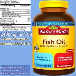 Nature Made, Fish Oil, Omega 3, 1200 mg per Softgel, Wild-Caught ocean fish, Purified, Heart, joints, eyes, blood vessels, triglycerides, 230 Softgels omega 3