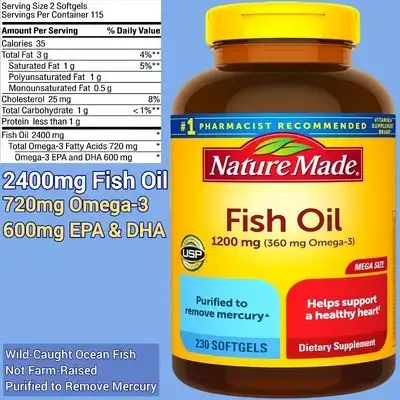 Nature Made, Fish Oil, Omega 3, 1200 mg per Softgel, Wild-Caught ocean fish, Purified, Heart, joints, eyes, blood vessels, triglycerides, 230 Softgels omega 3 