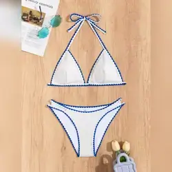 Swim Vcay Summer Beach Whip Stitch Halter Triangle Bikini Set - Small