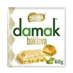 Nestle Damak Baklava White Chocolate with Pistachio Flavor, Premium Chocolate Bar, 60g