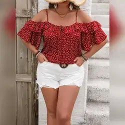 SHEIN VCAY Plus Size Little Heart Ruffled Cold Shoulder Blouse - 1XL