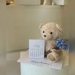 Teddy Bear with Calendar & Blue Flowers