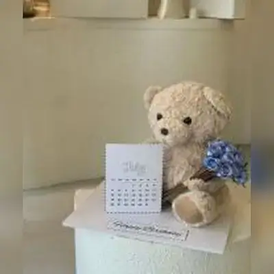 Teddy Bear with Calendar & Blue Flowers