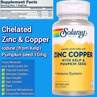 Zinc Copper Amino Acid Chelate, Chelated Zinc, Chelated Copper, Iodine, Kelp, Pumpkin seed, Immune Support, Bone, Skin, Heart Health and Thyroid Support, with Iodine from Kelp, 100 Serv, 100 VegCaps zinc 