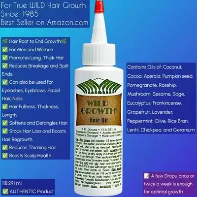 Wild Growth Hair Oil 4 Oz, reduces Hair Loss & thinning, promotes hair growth and Thickness, reduces breakage and Split Ends, plant based, natural, 118ml hair growth oil