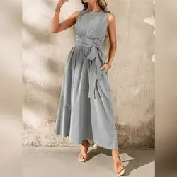 SHEIN Clasi Linen Stripe Round Sleeveless Loose Casual Dress - XL
