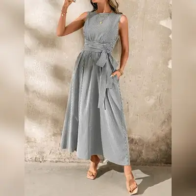 SHEIN Clasi Linen Stripe Round Sleeveless Loose Casual Dress - XL