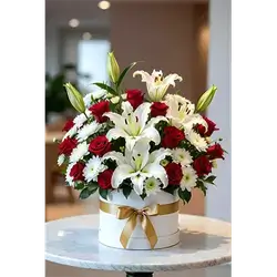 Box of Lilum & Red Roses Flowers