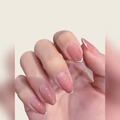 24Pcs French Short Oval Shape Nail Nails Pink Gradient Glitter Press On Nails