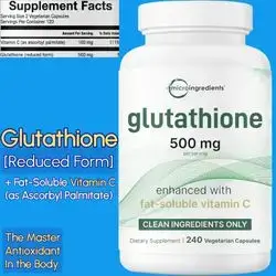 Glutathione, 500mg, with Fat-Soluble Vitamin C, Reduced Glutathione, Fat Soluble Ascorbyl Palmitate Complex, Filler Free, 240 Capsules Glutathione
