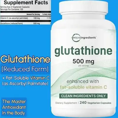 Glutathione, 500mg, with Fat-Soluble Vitamin C, Reduced Glutathione, Fat Soluble Ascorbyl Palmitate Complex, Filler Free, 240 Capsules Glutathione
