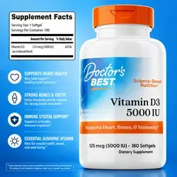 Doctor's Best, Vitamin D3, 5000IU, Regulates Immune Function, Healthy Bones, Hormones, Mood, Vitamin D, D3, 180 Count vitamin d3