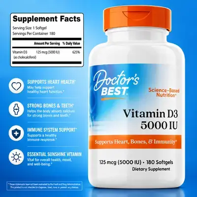 Doctor's Best, Vitamin D3, 5000IU, Regulates Immune Function, Healthy Bones, Hormones, Mood, Vitamin D, D3, 180 Count vitamin d3 