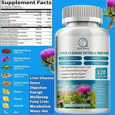 Milk Thistle, Liver Health Formula, Dandelion Root, Turmeric, Zinc, vitamin B6 & C & A, 10:1 Extract, for Liver Detox Cleanse, Digestive & Immune System, 120 Caps Milk Thistle