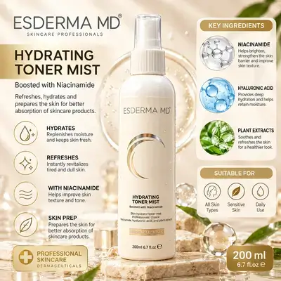 ESDERMA MD Hydrating Toner Mist – Niacinamide, Hyaluronic Acid & Plant Extracts – 200 mL