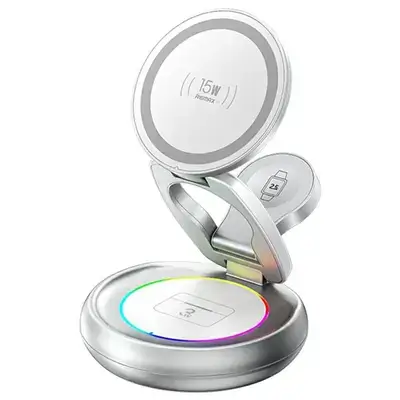 Remax CW05 3‑in‑1 Magnetic Wireless Charger – Zinc Alloy Foldable Multi‑Device Charging Station