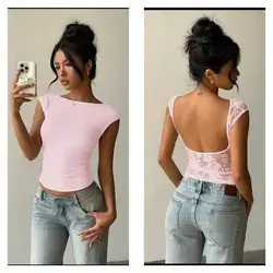 Aloruh Lace Splicing Short Sleeve Backless Top - XS