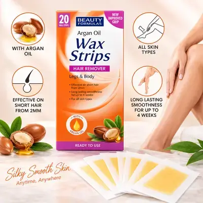 Beauty Formulas Argan Oil Wax Strips – Hair Remover for Legs & Body – 20 Wax Strips