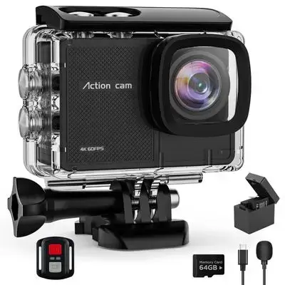 4K60fps Action Cam Waterproof 131ft/40m Underwater Camera IS, WiFi Camera 170° Angle Sports Camera, HD 48MP Bicycle Camera with 2.4G Remote Control, 2 x 1350 mAh Batteries & Helmet