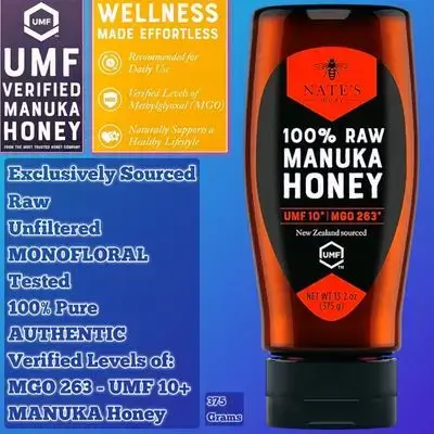 Manuka Honey, Nate's Raw Unfiltered MONOFLORAL Manuka Honey, MGO 263+ & UMF 10+ Certified | 13.2 oz Squeeze Bottle, New Zealand Source, Healing Honey, 375g Manuka