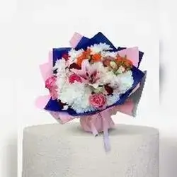 Blue & Pink Wrapped Flower Bouquet