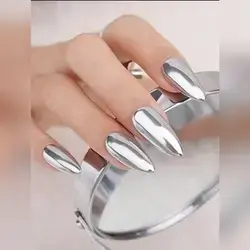 24pcs Short Almond Design Heavy Metal Silver Mirror Holographic Nail Tips