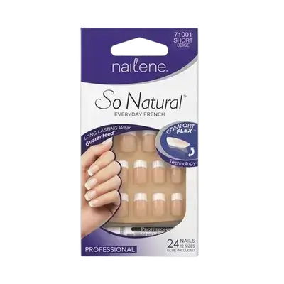 So Natural Everyday French SHORT BEIGE 24 Nails 12 Sizes 71001 _ nailene