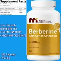 Berberine HCl, with Ceylon Cinnamon, Berberine Supplement with Ceylon Cinnamon & Chromium, Ceylon Cinnamon, Chromium Picolinate, Berberine, 240 Caps berberine 